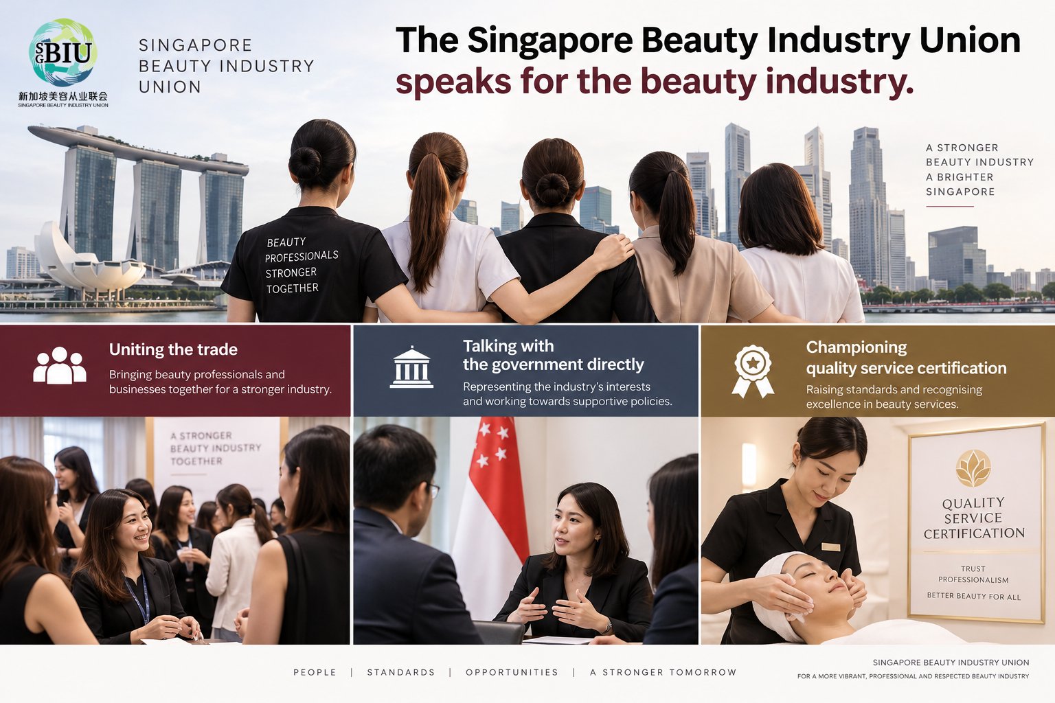 Graphic of the Union speaking for the beauty industry — uniting the trade, talking with the government directly, championing quality service certification