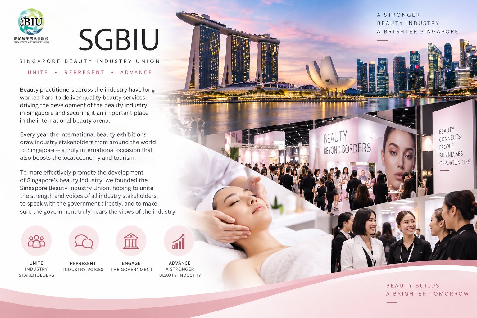 SGBIU brand graphic — unite industry stakeholders, represent industry voices, engage the government, advance a stronger beauty industry